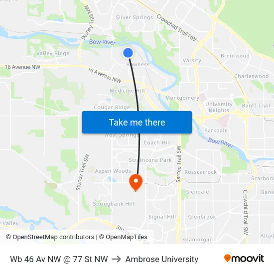 Wb 46 Av NW @ 77 St NW to Ambrose University map