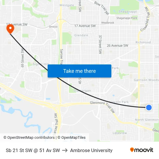 Sb 21 St SW @ 51 Av SW to Ambrose University map