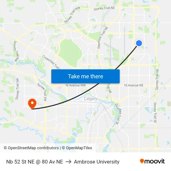 Nb 52 St NE @ 80 Av NE to Ambrose University map
