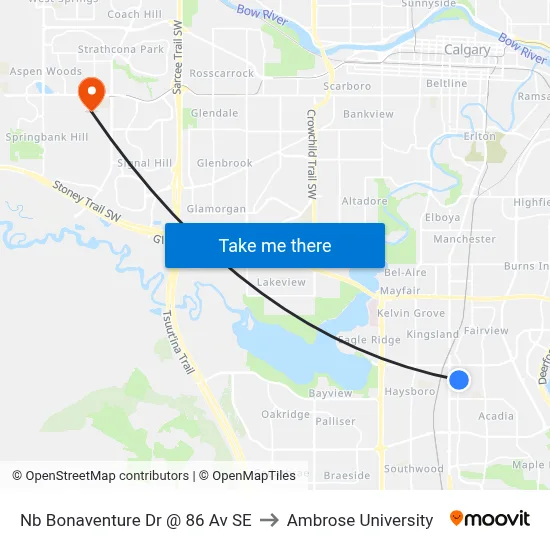 Nb Bonaventure Dr @ 86 Av SE to Ambrose University map