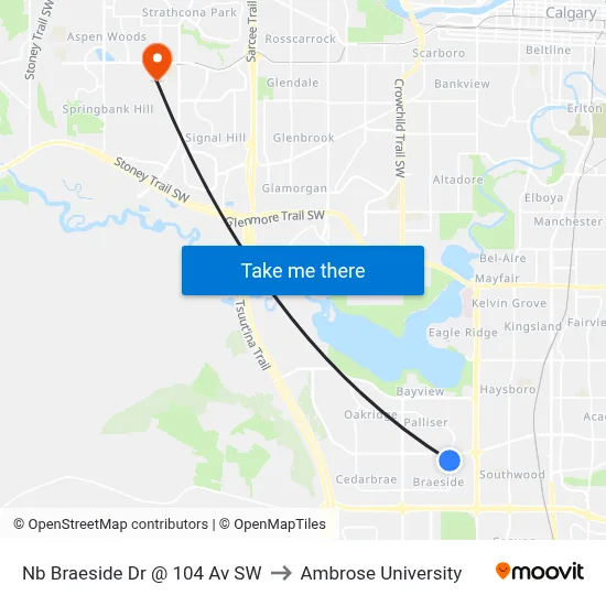 Nb Braeside Dr @ 104 Av SW to Ambrose University map