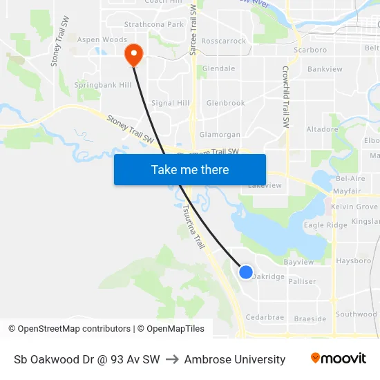 Sb Oakwood Dr @ 93 Av SW to Ambrose University map