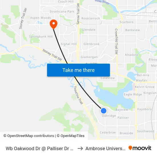 Wb Oakwood Dr @ Palliser Dr SW to Ambrose University map