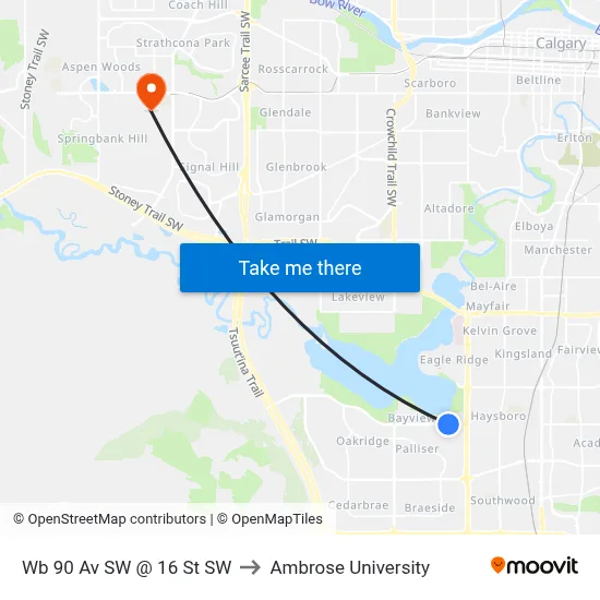 Wb 90 Av SW @ 16 St SW to Ambrose University map