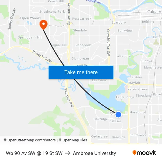 Wb 90 Av SW @ 19 St SW to Ambrose University map
