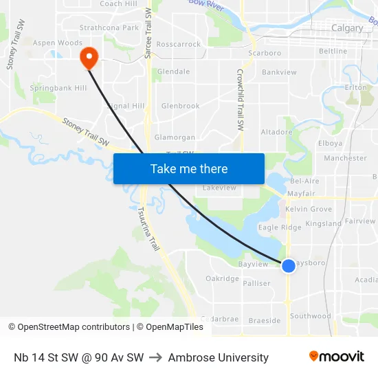 Nb 14 St SW @ 90 Av SW to Ambrose University map
