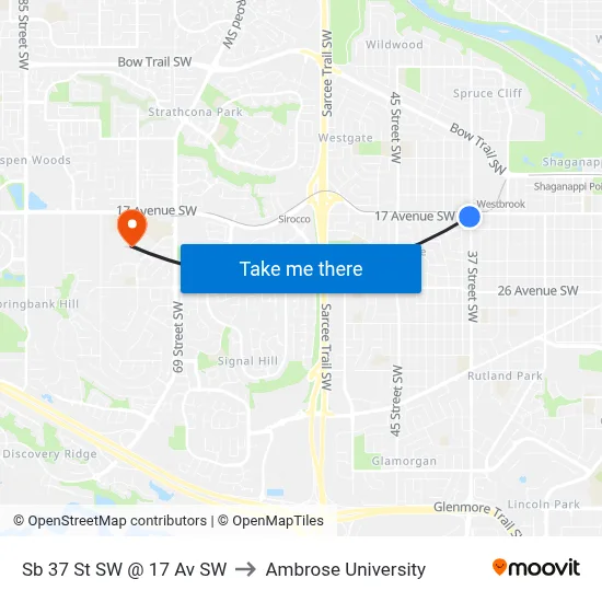Sb 37 St SW @ 17 Av SW to Ambrose University map