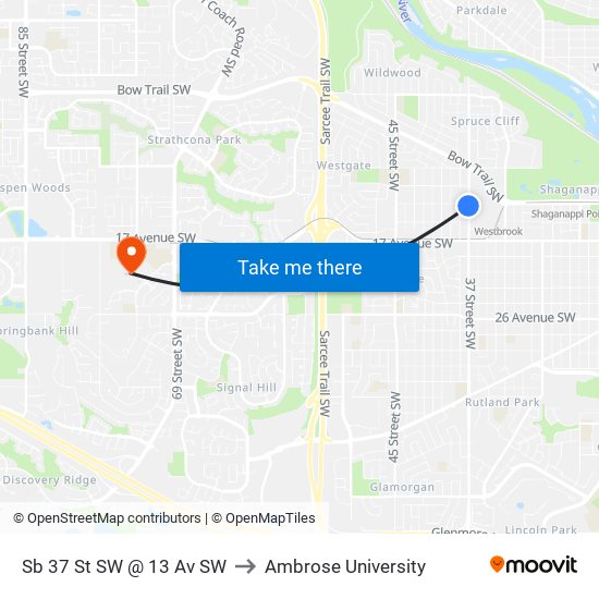 Sb 37 St SW @ 13 Av SW to Ambrose University map
