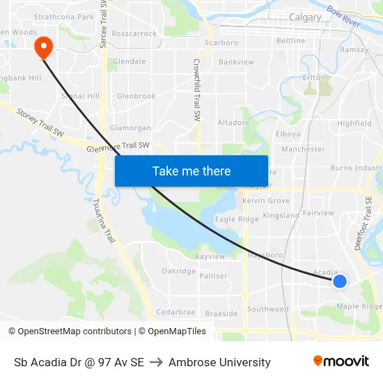 Sb Acadia Dr @ 97 Av SE to Ambrose University map