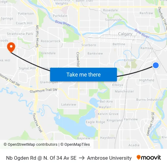 Nb Ogden Rd @ N. Of 34 Av SE to Ambrose University map