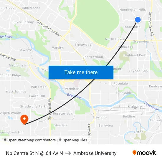 Nb Centre St N @ 64 Av N to Ambrose University map