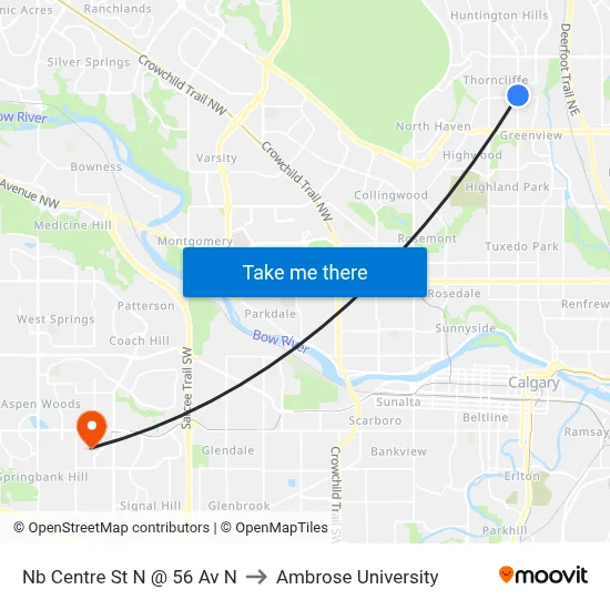 Nb Centre St N @ 56 Av N to Ambrose University map