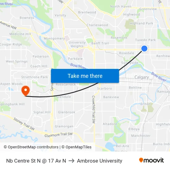 Nb Centre St N @ 17 Av N to Ambrose University map