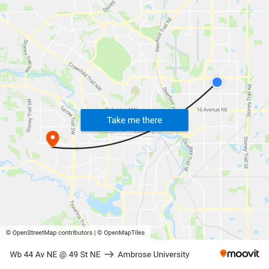 Wb 44 Av NE @ 49 St NE to Ambrose University map