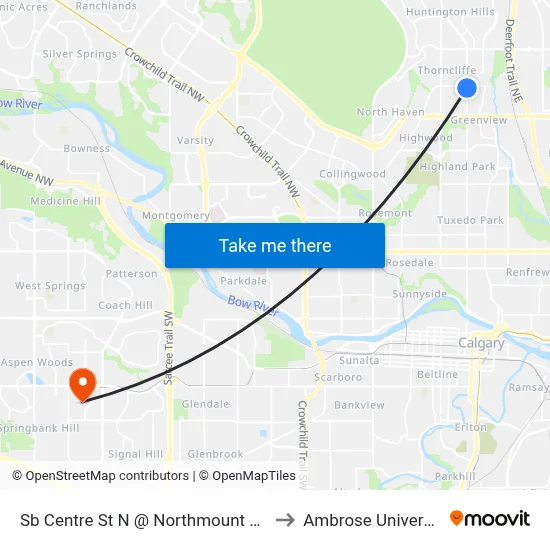 Sb Centre St N @ Northmount Dr N to Ambrose University map