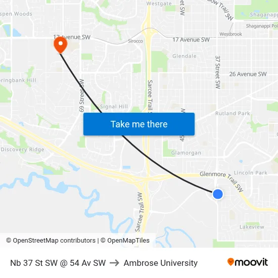 Nb 37 St SW @ 54 Av SW to Ambrose University map