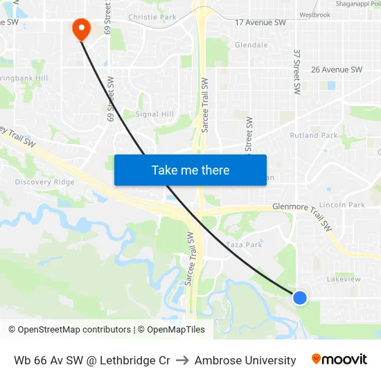 Wb 66 Av SW @ Lethbridge Cr to Ambrose University map
