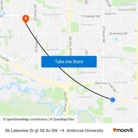 Sb Lakeview Dr @ 58 Av SW to Ambrose University map