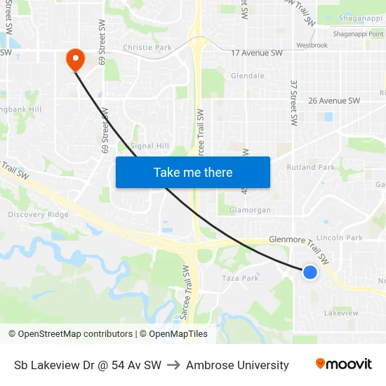 Sb Lakeview Dr @ 54 Av SW to Ambrose University map
