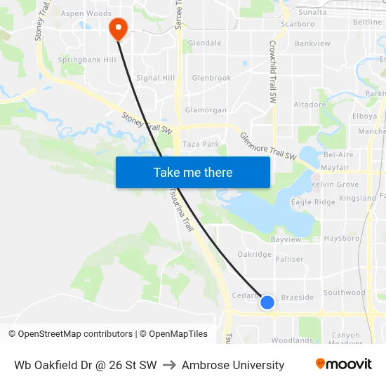 Wb Oakfield Dr @ 26 St SW to Ambrose University map