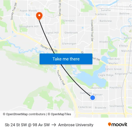 Sb 24 St SW @ 98 Av SW to Ambrose University map