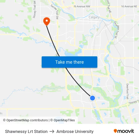 Shawnessy Lrt Station to Ambrose University map