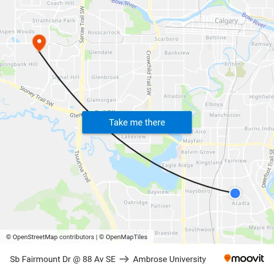 Sb Fairmount Dr @ 88 Av SE to Ambrose University map