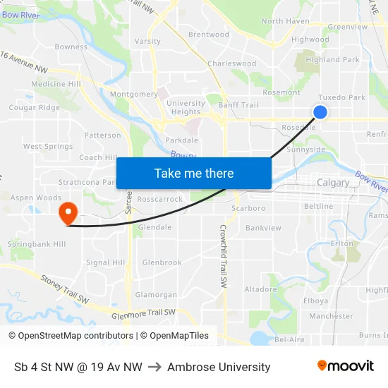 Sb 4 St NW @ 19 Av NW to Ambrose University map