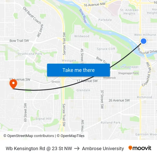Wb Kensington Rd @ 23 St NW to Ambrose University map