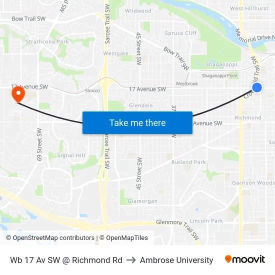 Wb 17 Av SW @ Richmond Rd to Ambrose University map