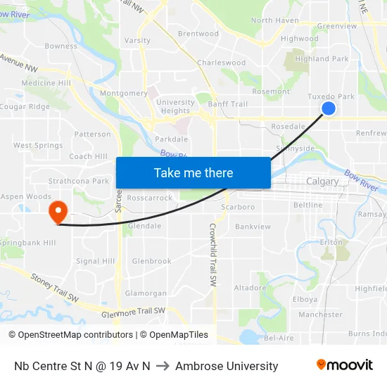 Nb Centre St N @ 19 Av N to Ambrose University map