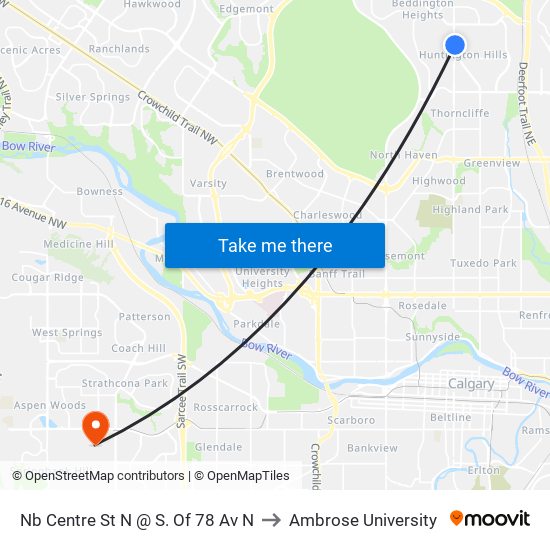 Nb Centre St N @ S. Of 78 Av N to Ambrose University map