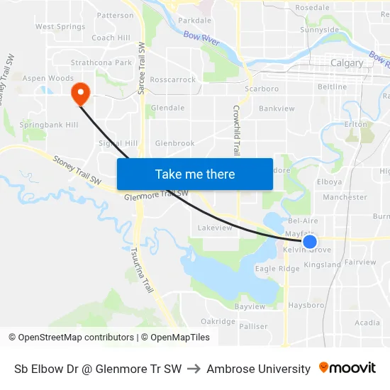 Sb Elbow Dr @ Glenmore Tr SW to Ambrose University map