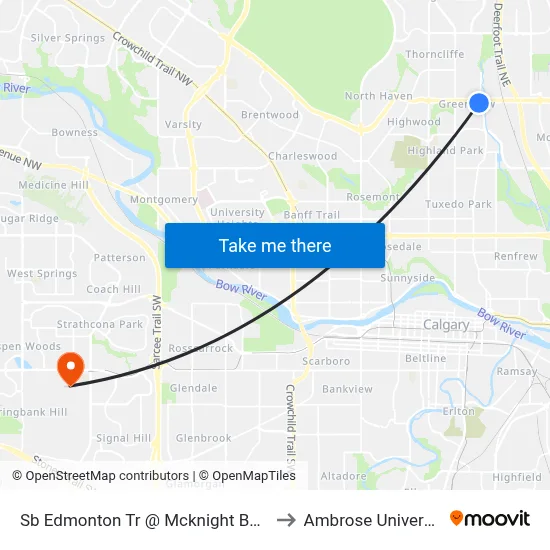 Sb Edmonton Tr @ Mcknight Bv NE to Ambrose University map