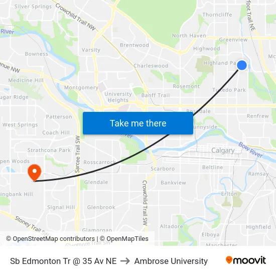 Sb Edmonton Tr @ 35 Av NE to Ambrose University map
