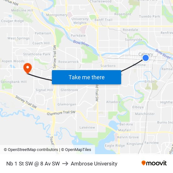 Nb 1 St SW @ 8 Av SW to Ambrose University map