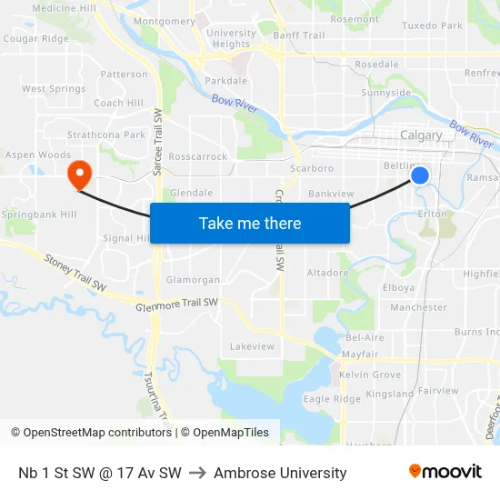 Nb 1 St SW @ 17 Av SW to Ambrose University map