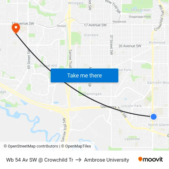 Wb 54 Av SW @ Crowchild Tr to Ambrose University map