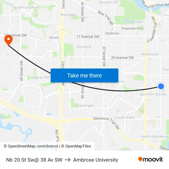 Nb 20 St Sw@ 38 Av SW to Ambrose University map