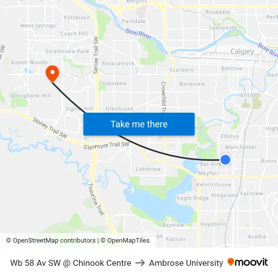 Wb 58 Av SW @ Chinook Centre to Ambrose University map