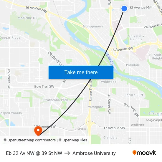 Eb 32 Av NW @ 39 St NW to Ambrose University map