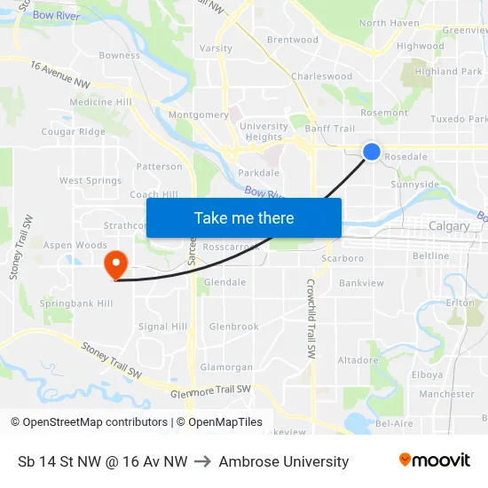 Sb 14 St NW @ 16 Av NW to Ambrose University map