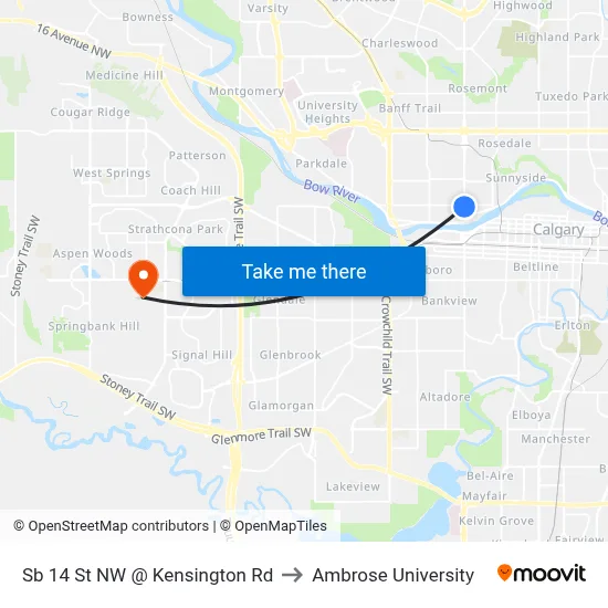 Sb 14 St NW @ Kensington Rd to Ambrose University map