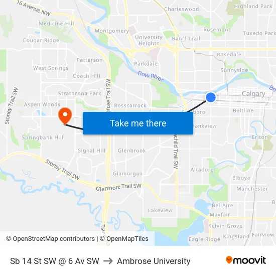 Sb 14 St SW @ 6 Av SW to Ambrose University map