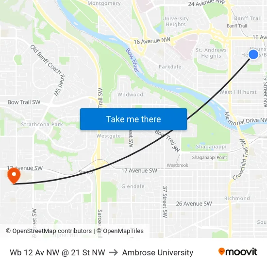 Wb 12 Av NW @ 21 St NW to Ambrose University map