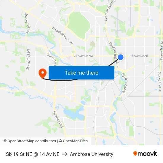 Sb 19 St NE @ 14 Av NE to Ambrose University map