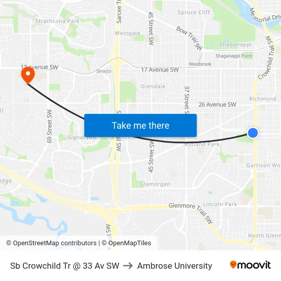 Sb Crowchild Tr @ 33 Av SW to Ambrose University map