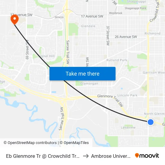 Eb Glenmore Tr @ Crowchild Tr SW to Ambrose University map