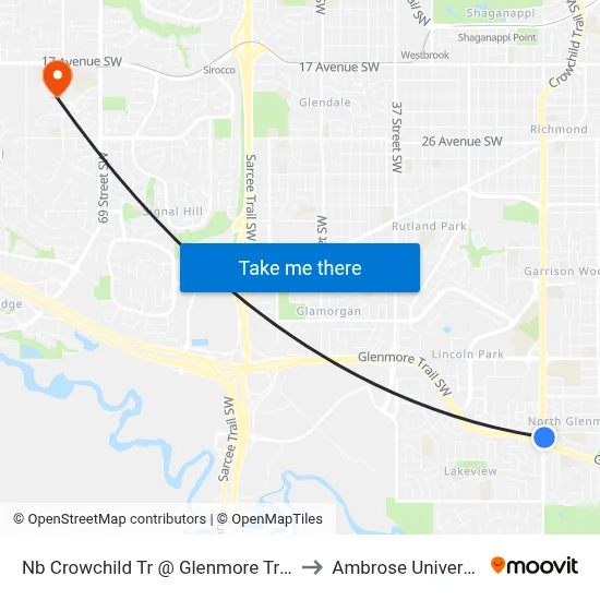 Nb Crowchild Tr @ Glenmore Tr SW to Ambrose University map
