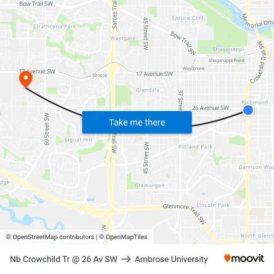 Nb Crowchild Tr @ 26 Av SW to Ambrose University map